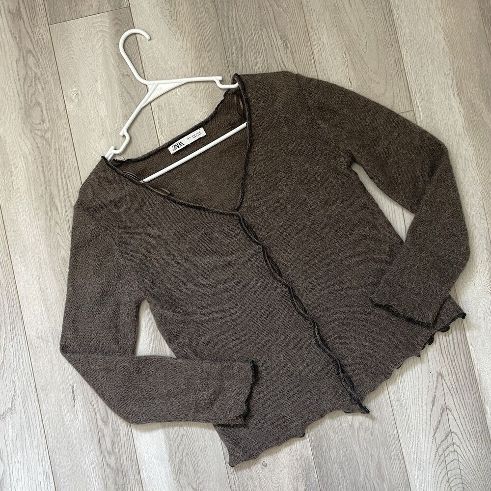 Zara Knit Cardigan wool alpaca lightweight womens Brown small minimalist preppy